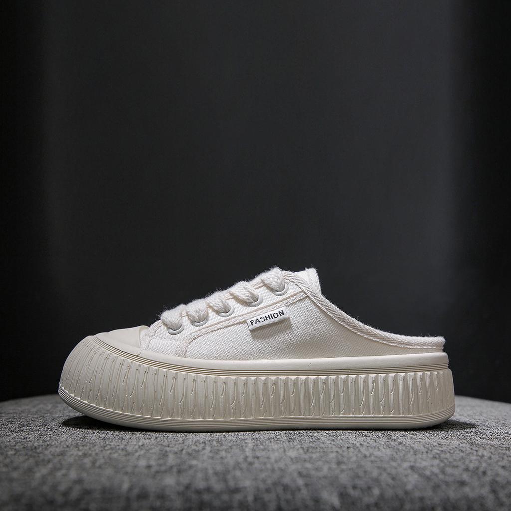 Half Dragged White Shoes for Women Breathable and Casual Canvas Shoes