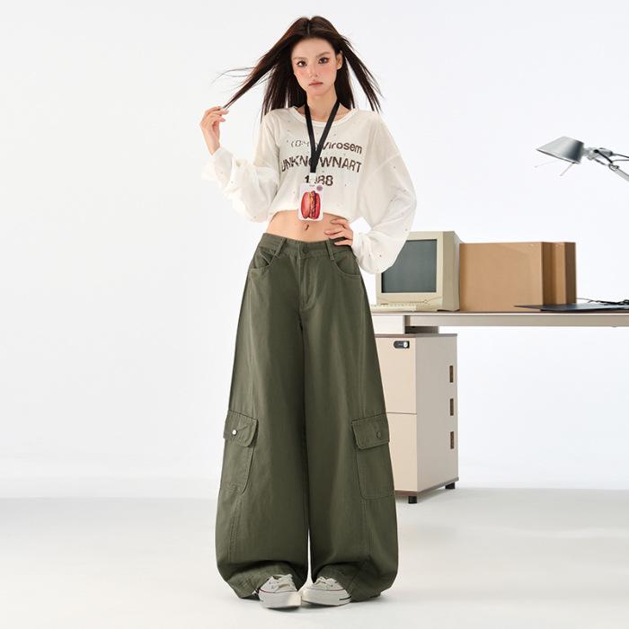 Women s Military Green Wide-Leg Jeans: Autumn Curved Knife Design, Loose Fit, Floor-Length Casual Workwear Pants. XS