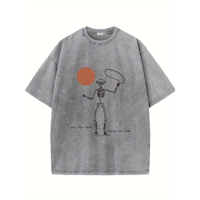 European sizes Men's Vintage Western Cowboy Lasso & Skull Print T-Shirt - Loose Fit Casual Round Neck Tee with Cowboy Graphics for Ranch, Outdoor