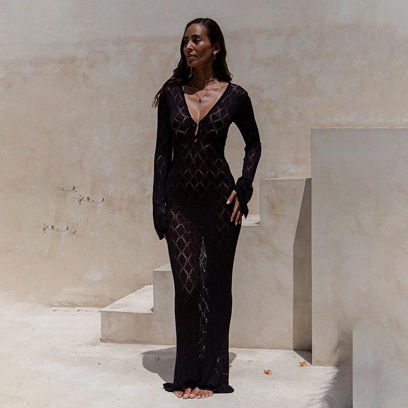 

Полая Сексуальная Длинная Юбка Вязаная Облегающая Длинный Рукав Осень и Зима Новый Стиль Платье Кальмара L чёрный