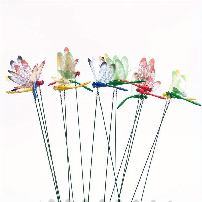 10pcs 3D Dragonfly Flower Sticks, Colorful Plastic Garden Decor, Yard Planter Butterfly Accents, Patio Outdoor Decoration, Garden Bed Supports