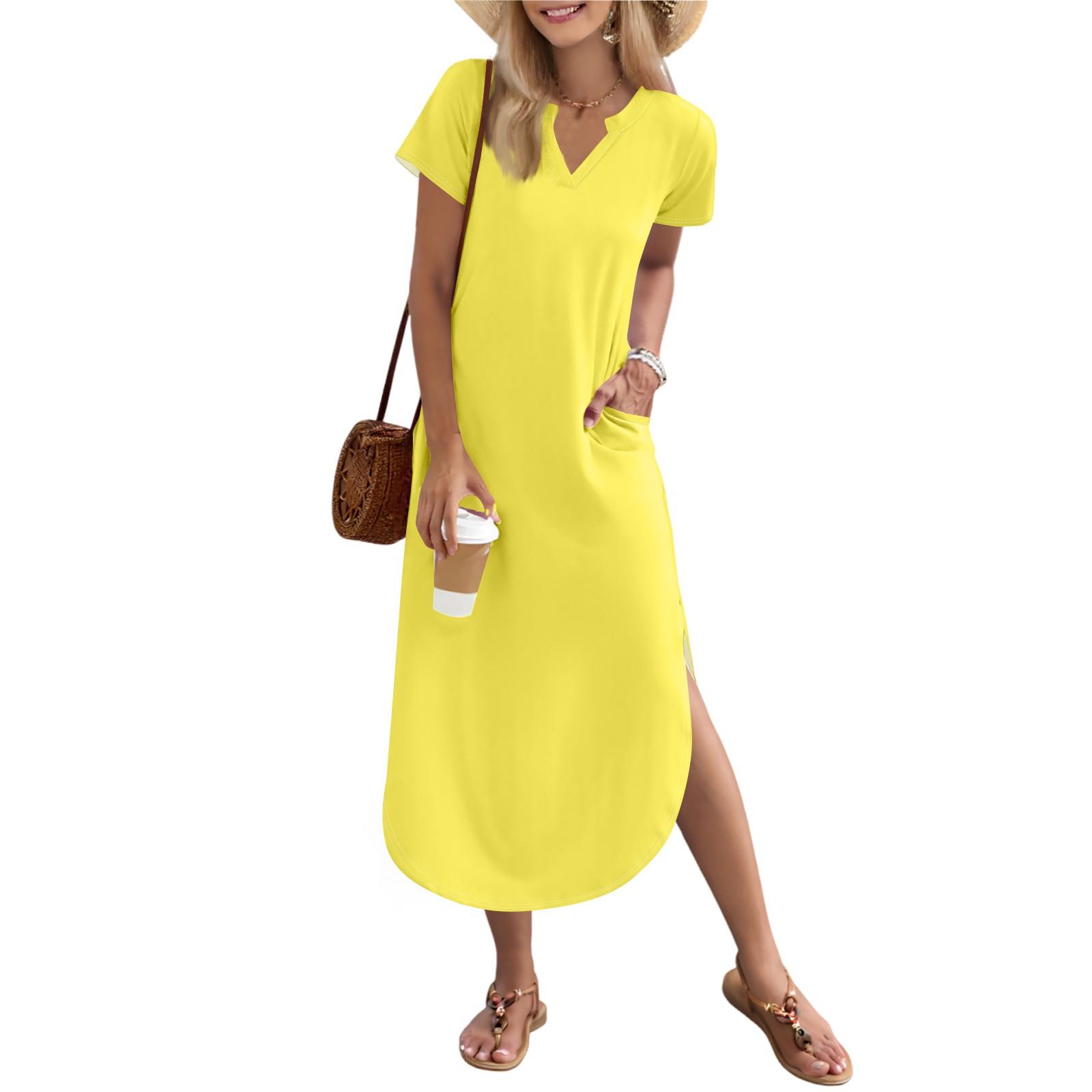 

Женское длинное платье-рубашка с V-образным вырезом, повседневное, с коротким рукавом и свободным разрезом S