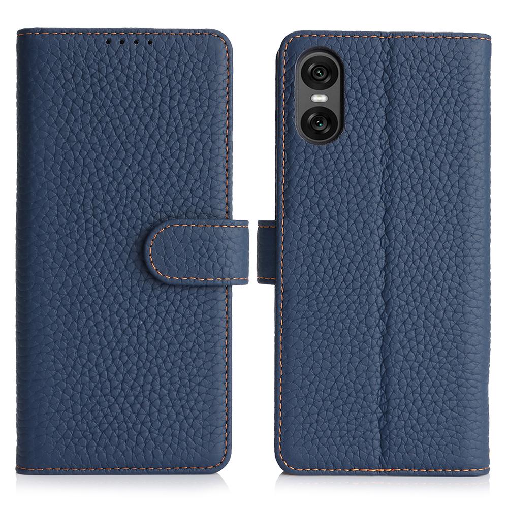 For Sony Xperia 10 VI Stand Case Litchi Texture Genuine Cow Leather Wallet Phone Cover RFID Blocking