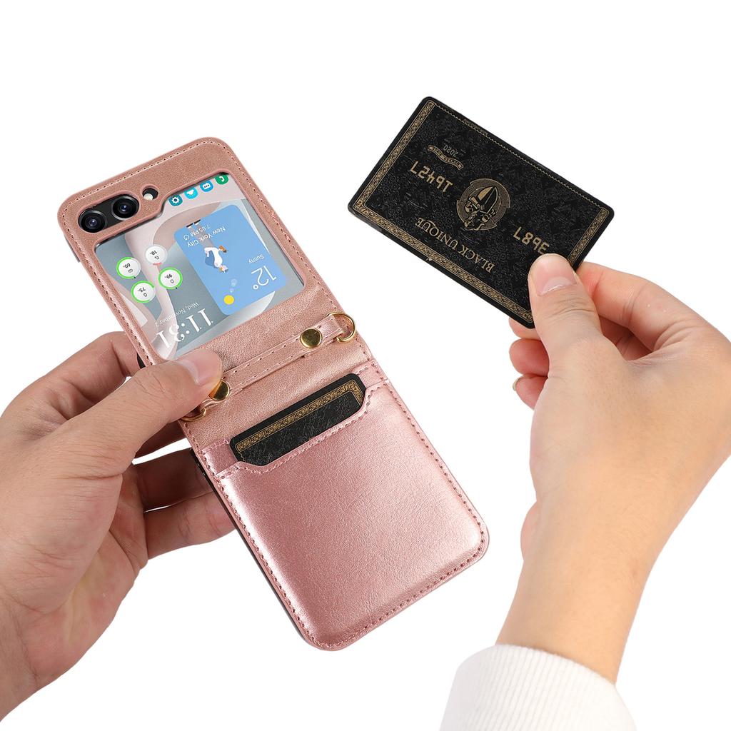 New Model Is Suitable for Samsung Z Flip5 Mobile Phone Case Folding Flip4 Crossbody Mobile Phone Leather Case Card Protection Case
