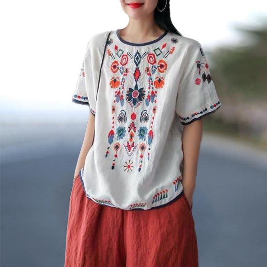 T-shirt Embroidered Loose National Style Ladies Short Sleeve Oversize Blouse