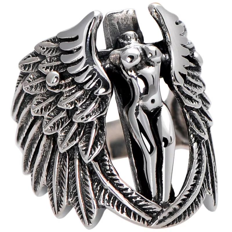 Huajie Men's Charming Cross Angel Wings Rings Classic Retro Banquet Party for Men Delicate Unisex Ring Trend Tide