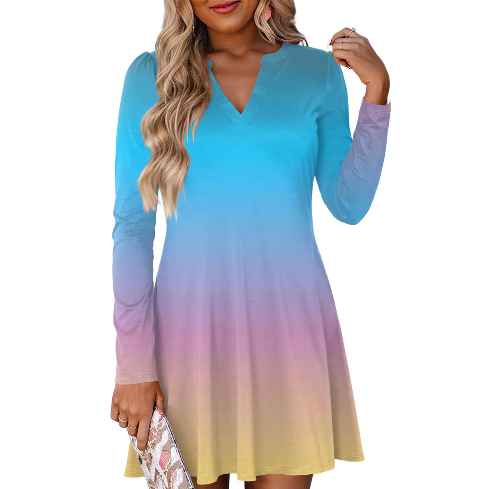 

Женское модное платье с градиентным V-образным вырезом и длинными рукавами L синий