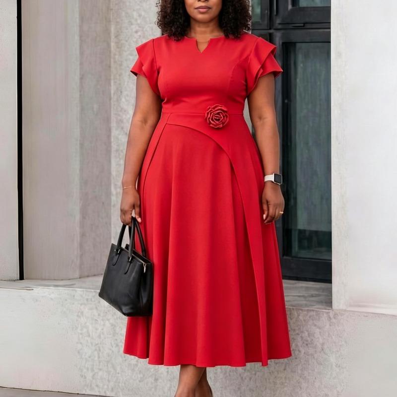 Plus Size High Waist Mid Length Big Hem Elegant A Line Women Summer Dress