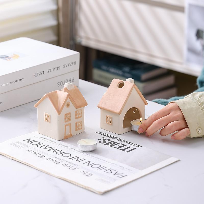 Painted Ceramic House Candle Holders Tabletop Christmas Or Everyday Home Decor Warm Glow Detailed Ornament(Without Candle)