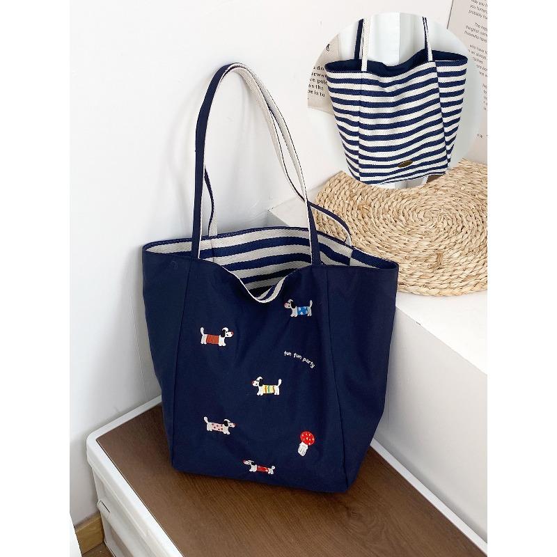 Early spring new dopamine double-sided shoulder bag cute dachshund dog embroidered canvas bag small fresh nylon underarm bag