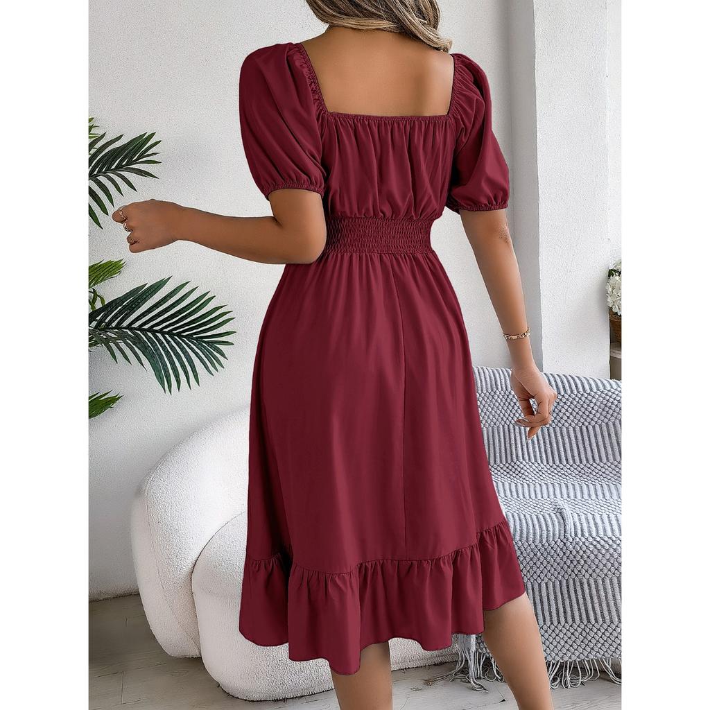GMXIA Spring and Summer Casual Square-neck Short-sleeved, Waist-cinched, Ruffled A-line Skirt Women's Clothing