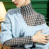 Spring Autumn New High Collar Shiny Silk Bottoming Shirt Women's Mesh Slim Fit Plaid Tshirt Long Sleeve Top