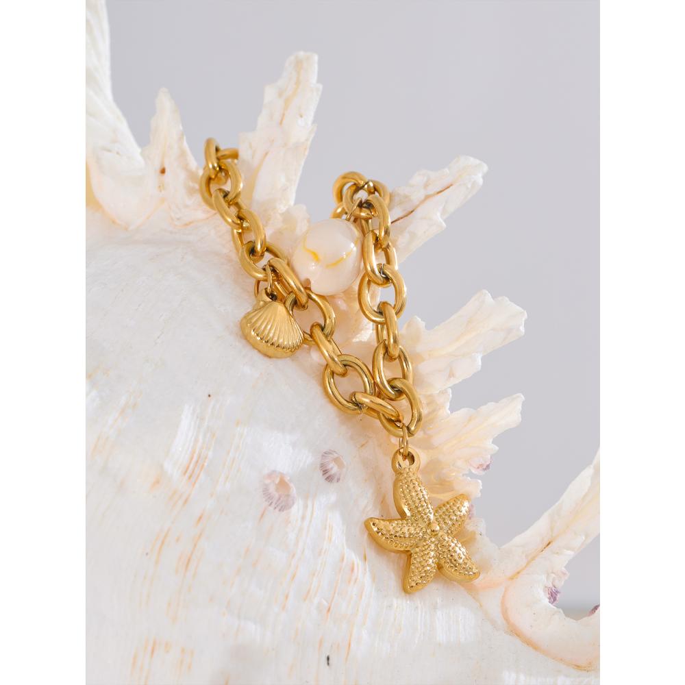 Yhpup Stainless Steel 18K Gold PVD Plated Metal Chain Waterproof Ocean Pendant Charm Starfish Shell Accessories Holiday Jewelry