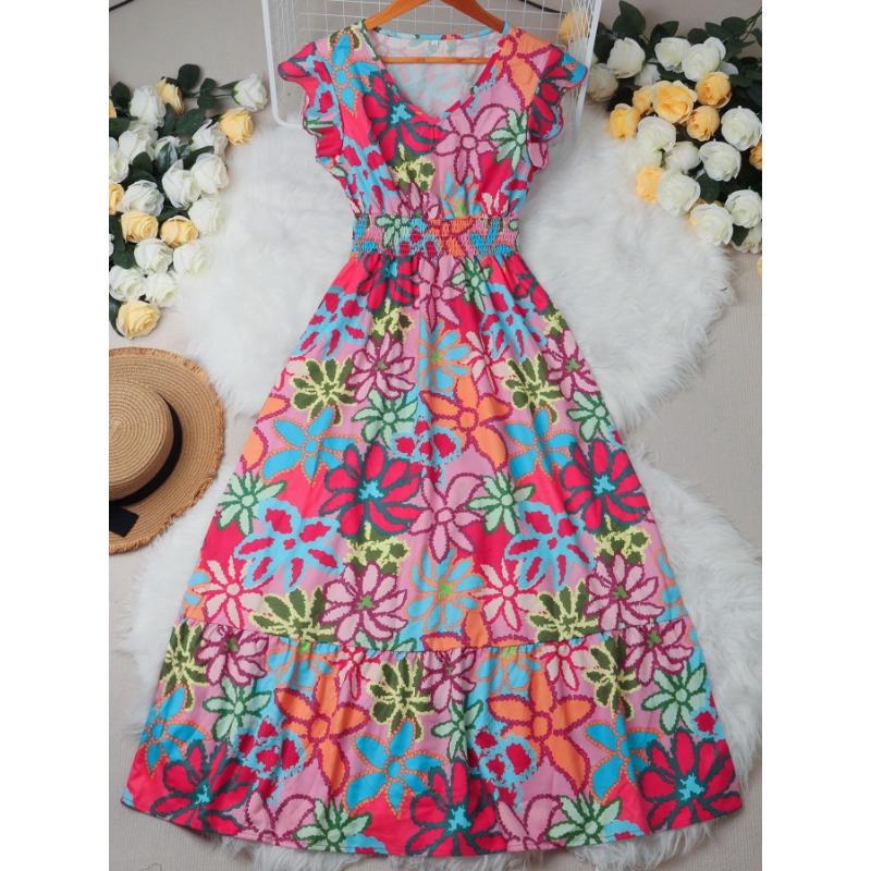 Women's Summer Fresh Sweet Holiday Style Fashion Flower Print Small Flying Sleeve Dress