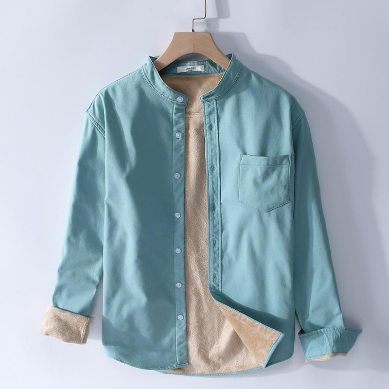 

Зимняя теплая мужская одежда в корейском стиле с длинным рукавом, рубашки-оксфорды для мужчин, повседневная однотонная флисовая рубашка с воротником-стойкой и карманом XL озеро синий