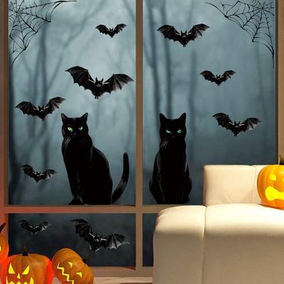 Halloween Glass Window Sticker Horror Scene Atmosphere Decoration Supplies Themed Party Decoration Spider Web Black Cat Bat
