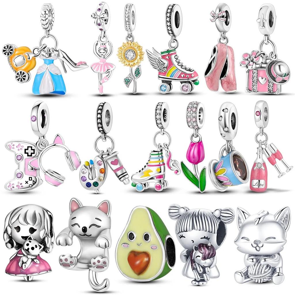 Silver Plated Pink Ballet Skates Shoes Pendant Heart Charms Fit Bracelet Jewelry Making for Women