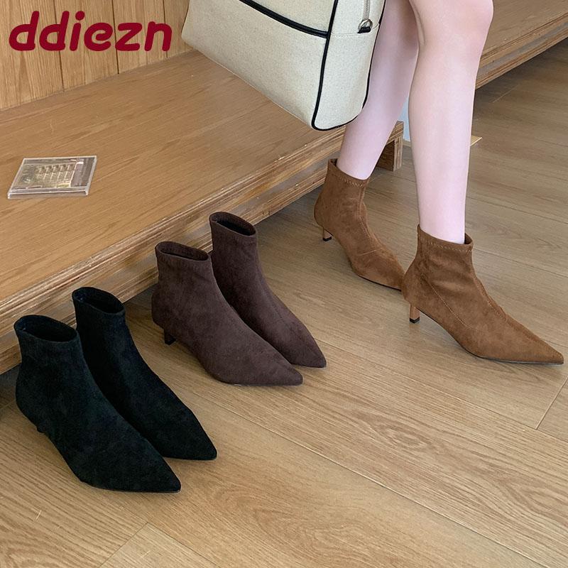 Mode Mode Spitzschuh Moderne Damen Stiefeletten Schuhe Sexy Flock Damen Kurze Stretch Stiefel Mit Weiblichen Niedrigen Absatz Pumps Schuhe