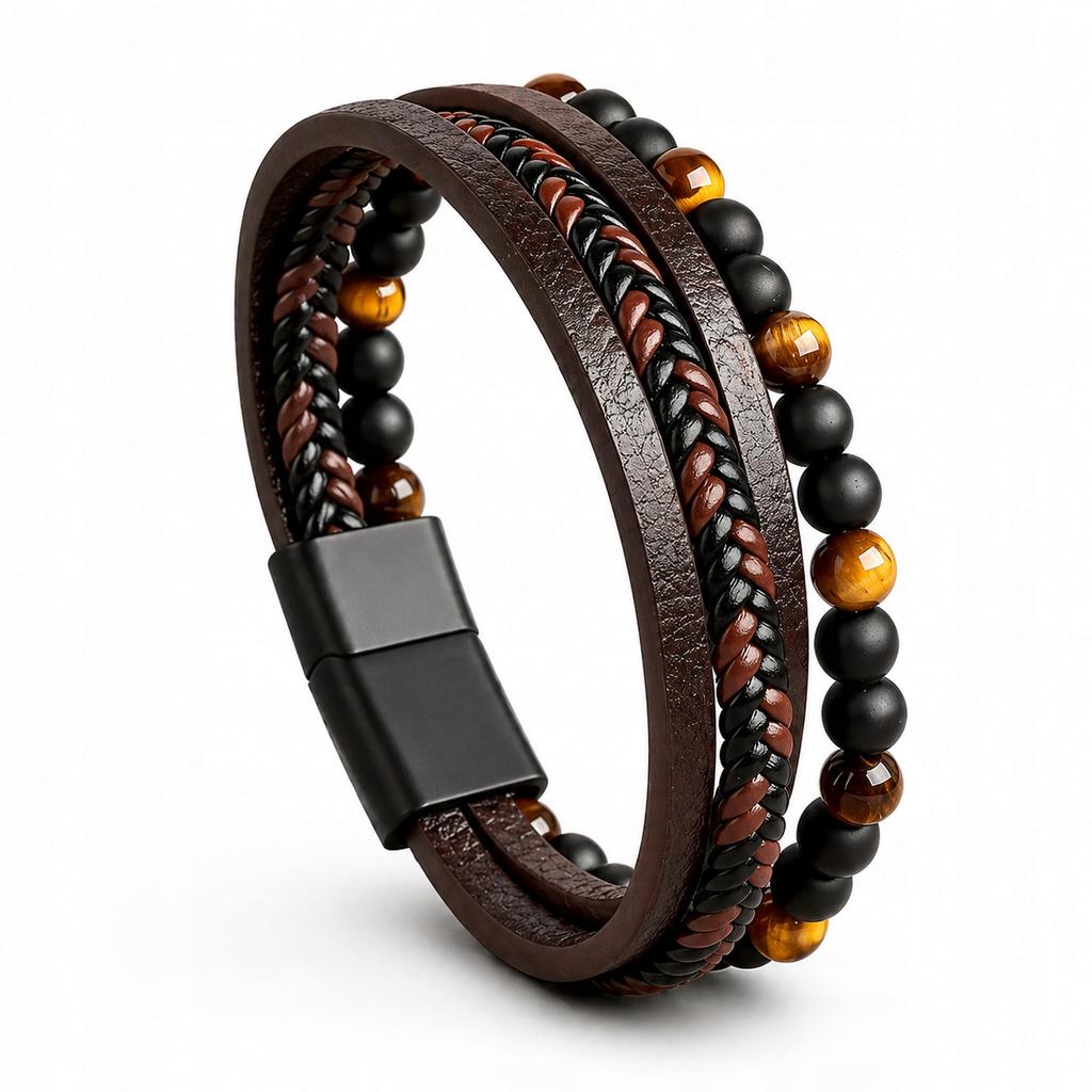 Men' Leather Bracelet with Beads, Bead Bracelet, Brown Titanium