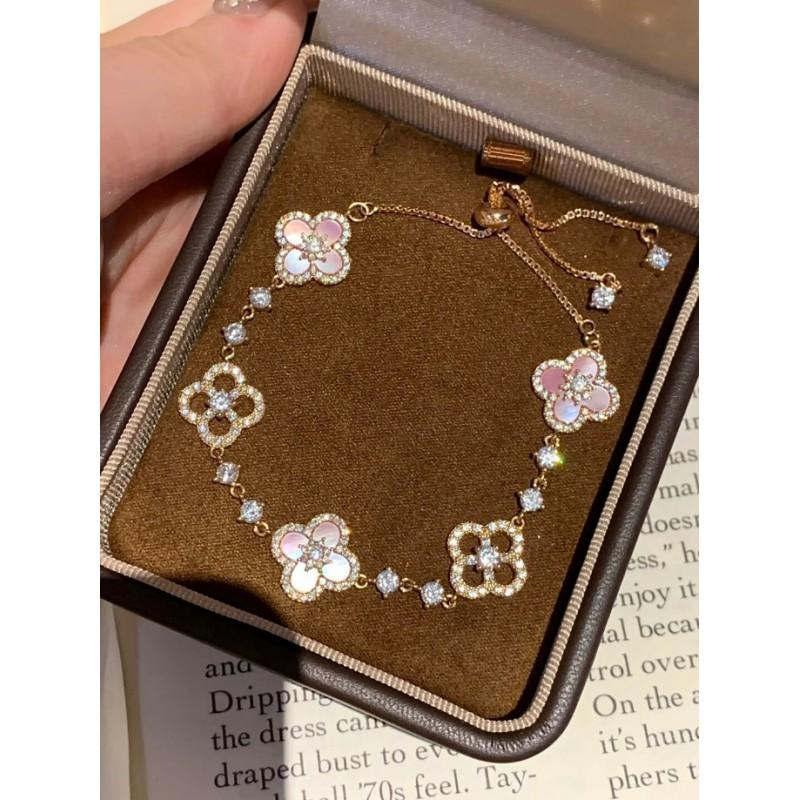 Sterling Floral Four Leaf Clover Jewelry Set With Pink Mother Of Pearl Inlay Women Necklace Earrings Bracelet