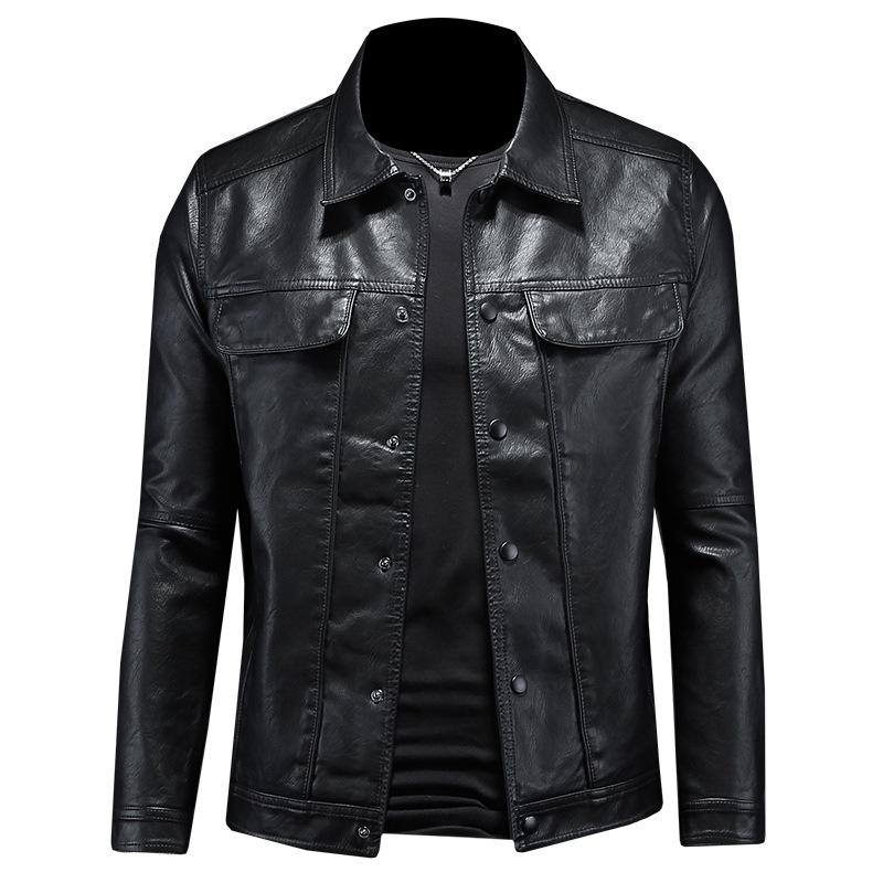 2023 Men's Slim Fit Biker Leather Jacket with Turn-Down Collar