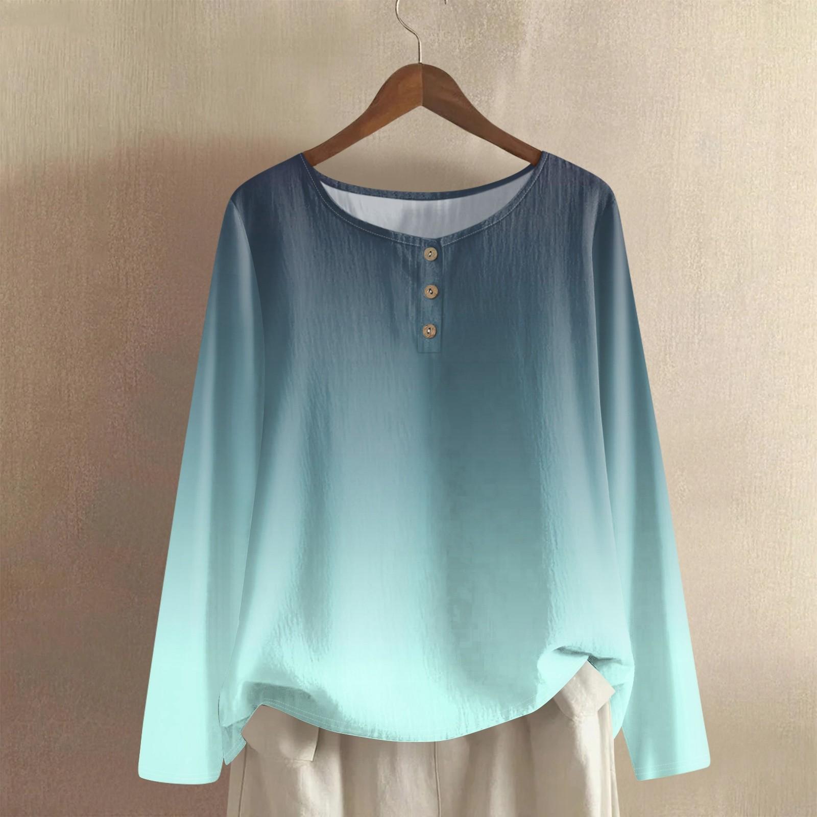 

Женская модная и повседневная рубашка с длинным рукавом, круглым вырезом, однотонная, из хлопка и льна, блузка-топ S циан