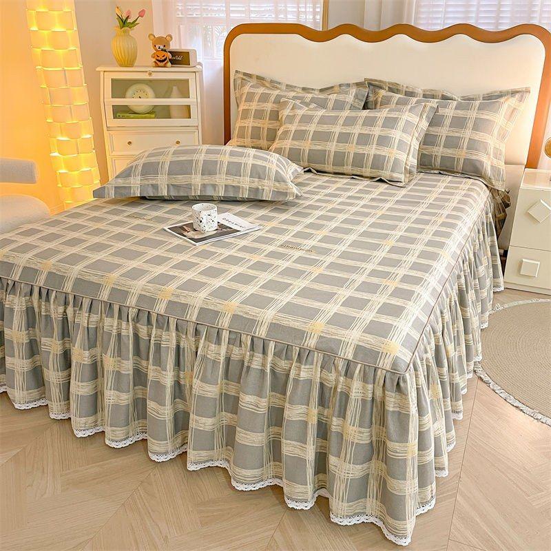 3pcs Printing Ruffled Edge Soft Comfortable Breathable Bed Skirt Set All-season Availability,  Mattress Cover, Printing Bedding Set, for Bedroom