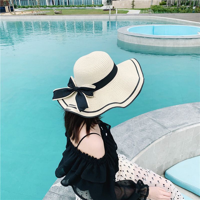 Big Brim Wave Black Edge Bow Solid Bucket Hat Straw Cap Women Girls Beach Hat Seaside Sunscreen Cap Cover Travel Holiday Sun Hat