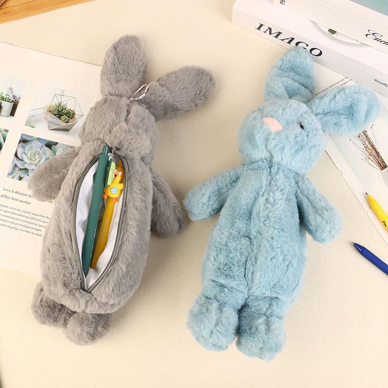 1Pc Cute Rabbit Shape Plush Pencil Case Plush Animal Stuffed Toy Stationery Pouch Makeup Bag Storage Bag School Supplies