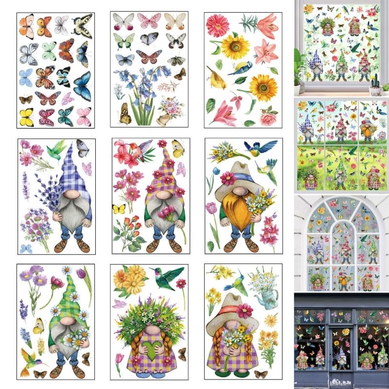 9 Sheets Spring Butterfly Gnomes Static Clings Window Sticker Decal for Bedroom Living Room Festival Home Decorations