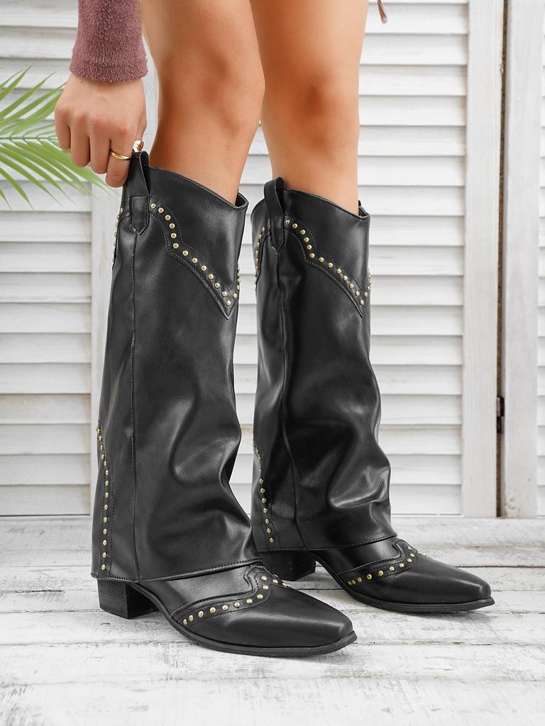Fashion Women's Autumn New Large-sized Mid-heel Women's Boots, British-style Fashion Boots with Rivets and Knee-length Boots