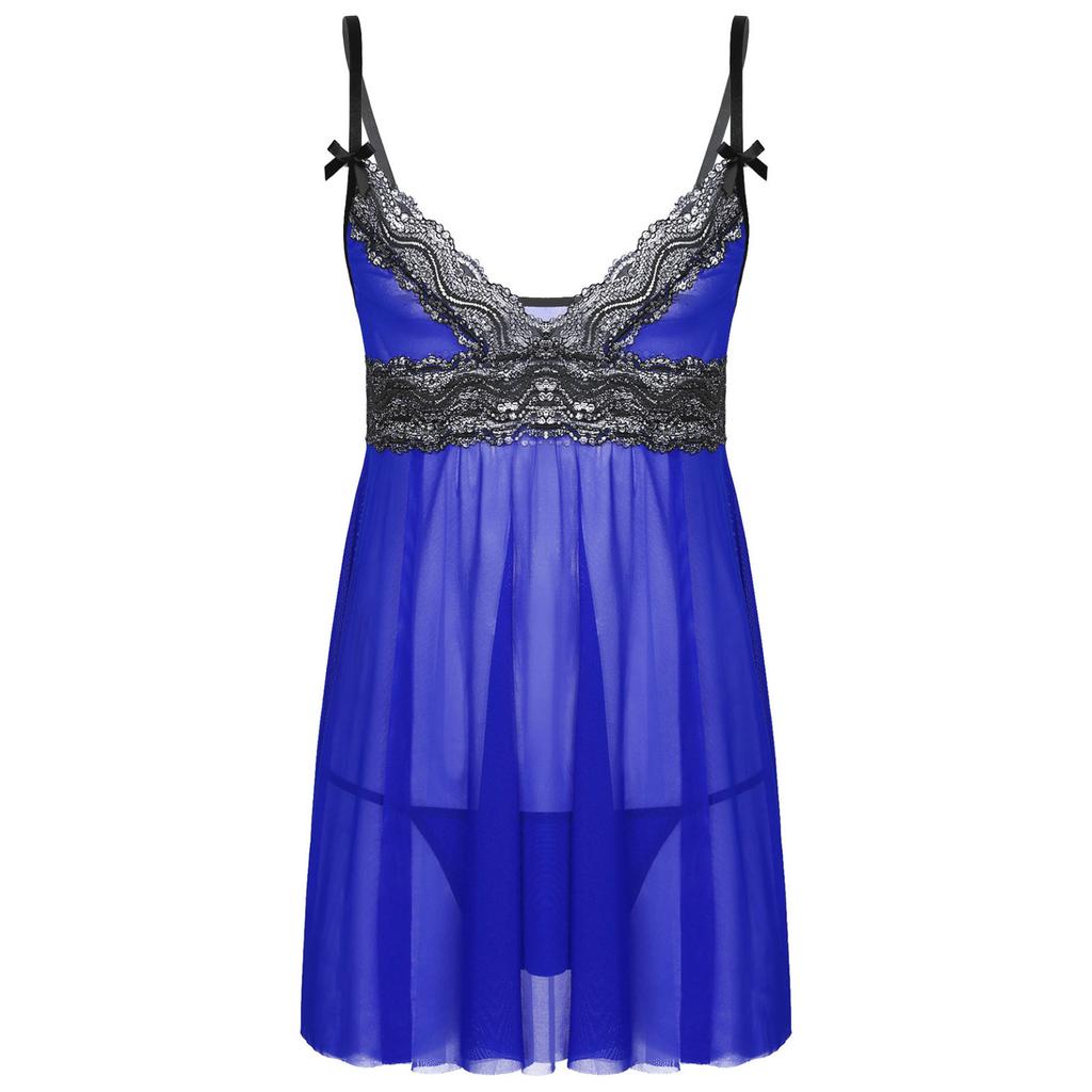 Mens Sissy Sheer Lace Lingerie Adjustable Spaghetti Straps Deep V Neck Chemise Babydoll Sleepwear