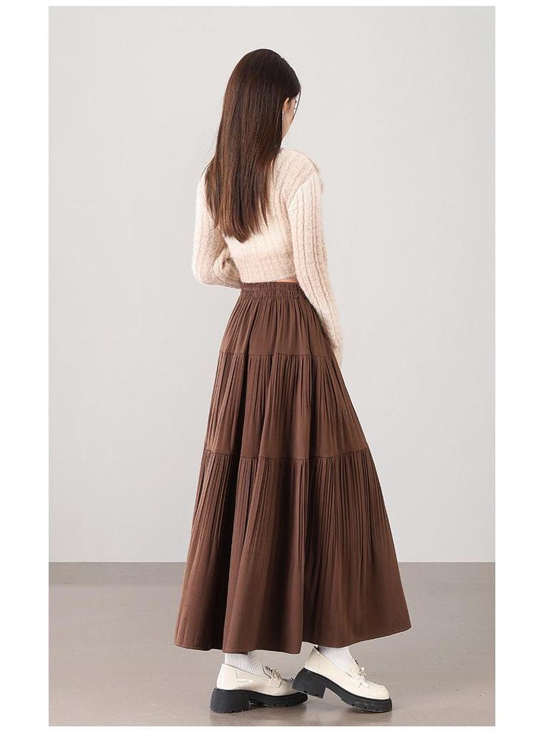 2025 Fall/Winter Layered Woolen Flare A-Line Skirt - Slimming, High-Waist, Long Design