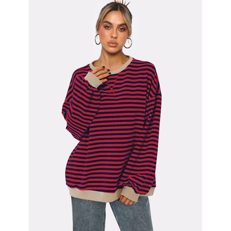 Dámská mikina s kulatým výstřihem a pruhy, volný top s lucernovými rukávy