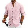 Mens Stand Collar Solid Color Loose Casual Long Sleeve Shirt