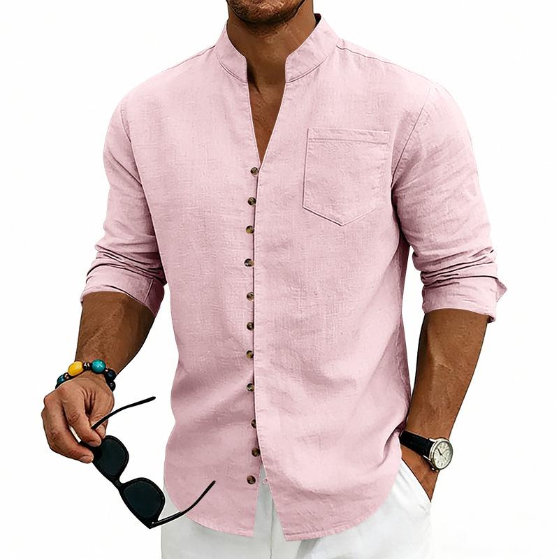 Mens Stand Collar Solid Color Loose Casual Long Sleeve Shirt