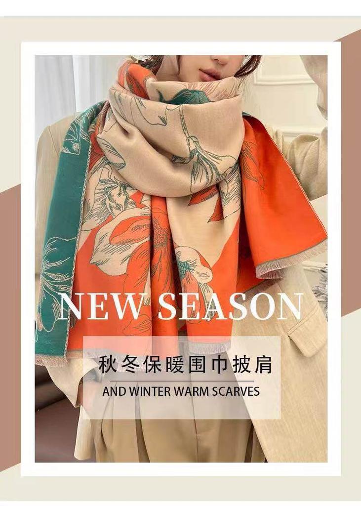 Retro Contrasting Color Flower Pattern Scarf Autumn and Winter Thickened Imitation Cashmere Air-conditioned Room Warm Dual-purpose Shawl Jacquard