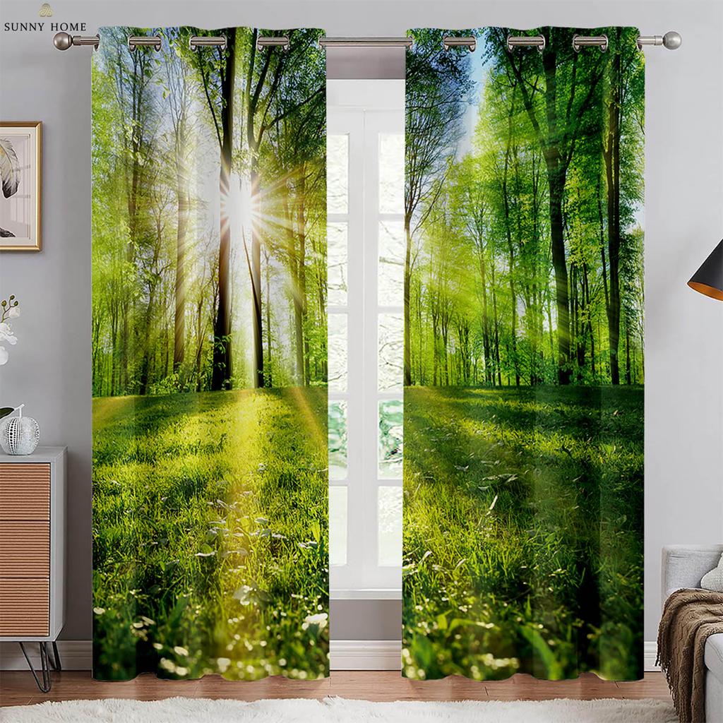 Green Forest Scenery 3d Printed Curtains Black Silk Blackout Heat Insulation Curtains Bedroom Study Living Room Curtains 2pcs
