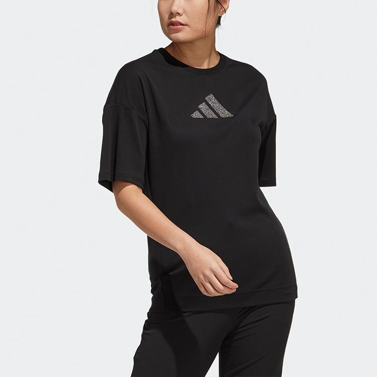 Adidas Logo Print Round Neck Sports Tee Women Tops Black H55256