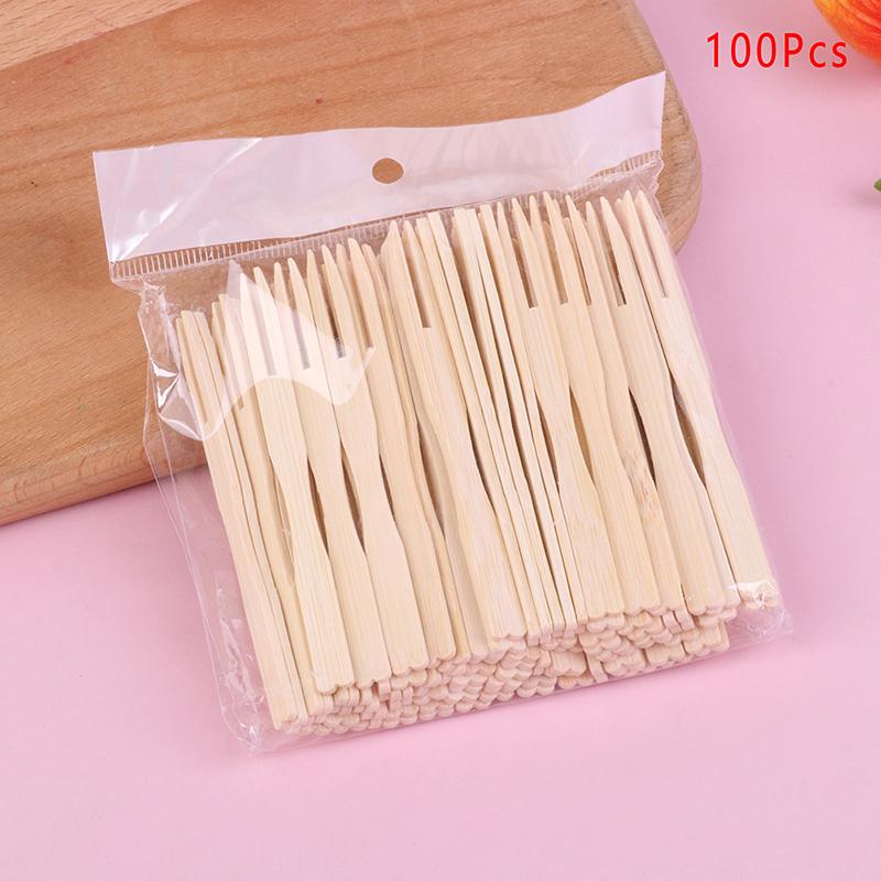100Pcs Disposable Bamboo Fork Two-Tooth Fruit Fork Catering Household Fruit Fork