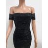 Women's Summer One-line Shoulder French Waist Dress Sequin Bag Hip Mid-length Dress