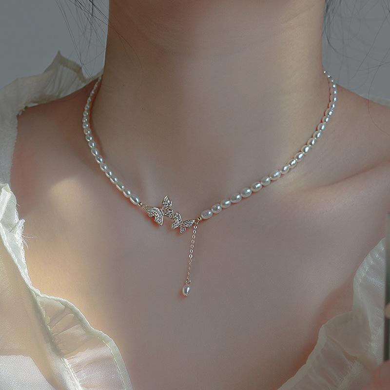 Vintage light luxury butterfly pearl necklace female pendant feeling collarbone neck chain choker