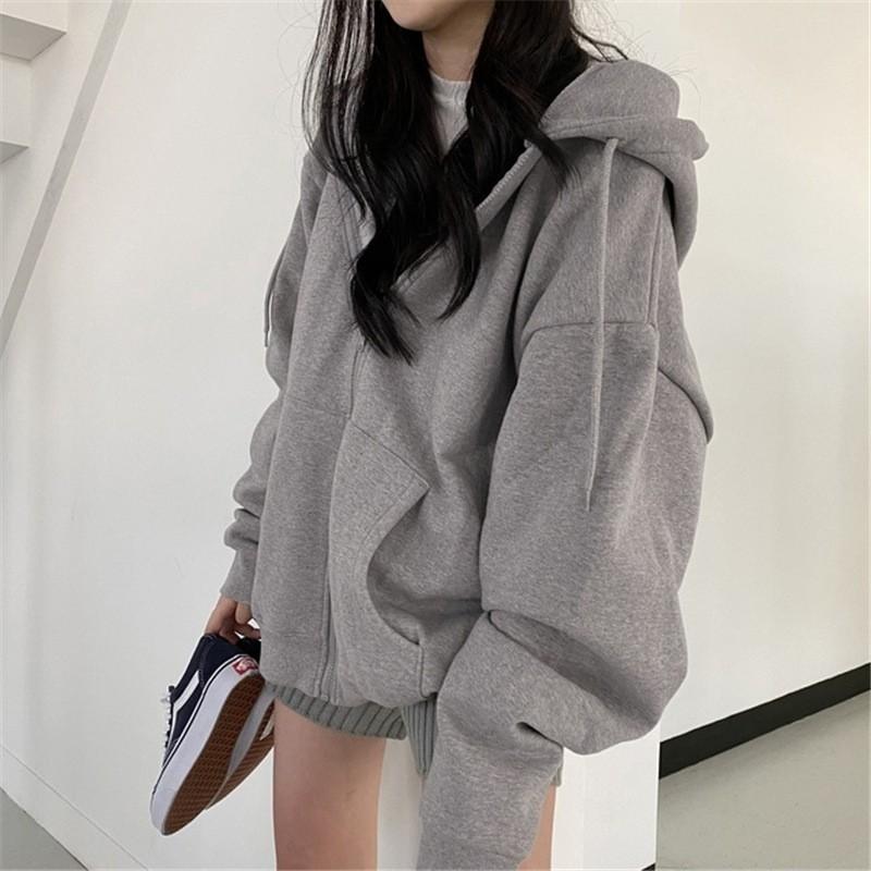 Womens Solid Color Zip-Up Hooded Sweatshirt Loose Fit Thick Fleece Lined Winter Casual Outerwear