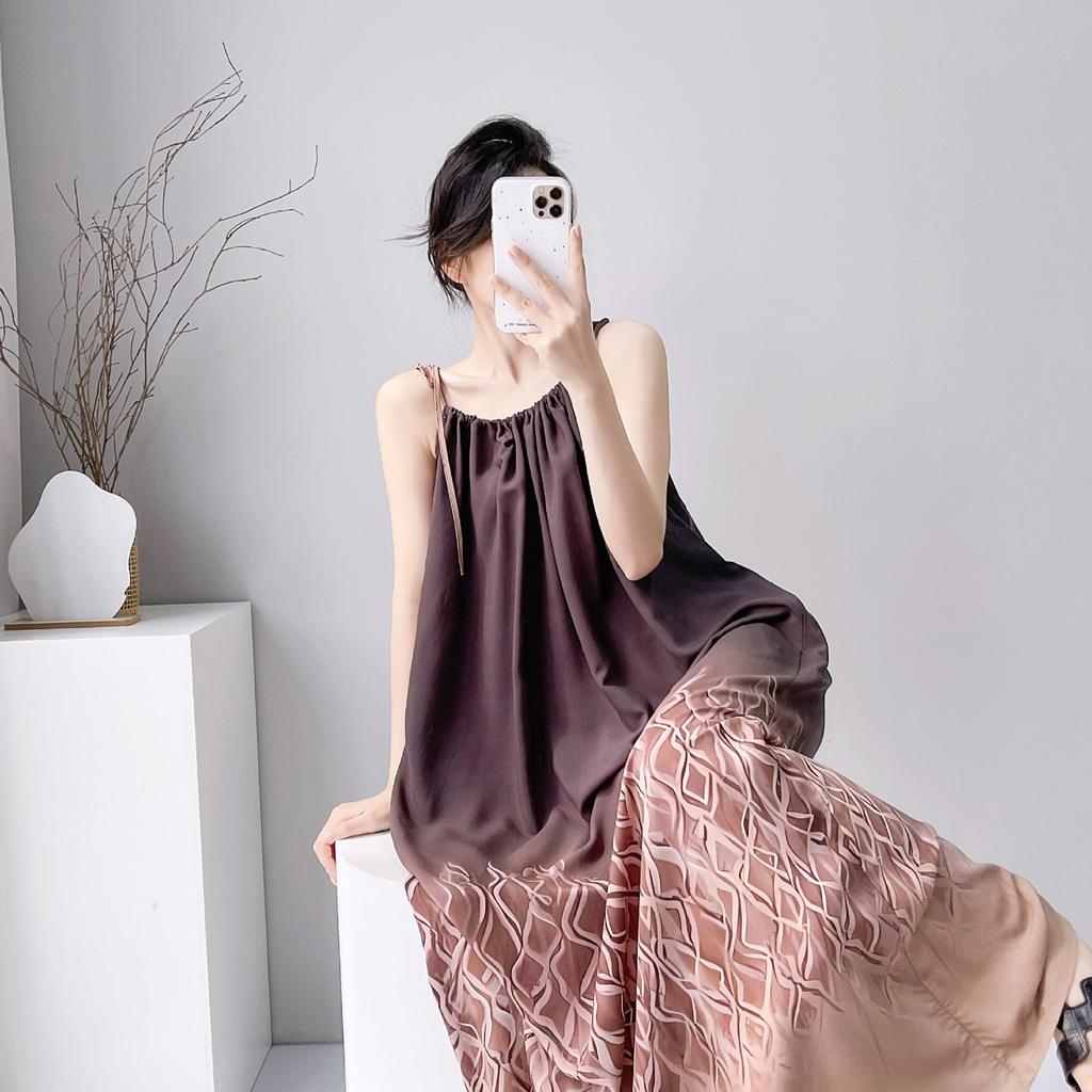 Cotton silk summer bohemian print suspender dress women's ethnic style retro loose medium and long vacation dress