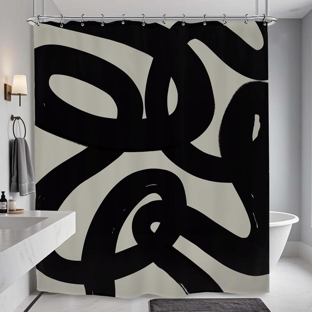 Abstract Black Shower Curtain Modern Minimalist Contemporary Geometric Line Neutral Bathroom Set Accessories Decor With