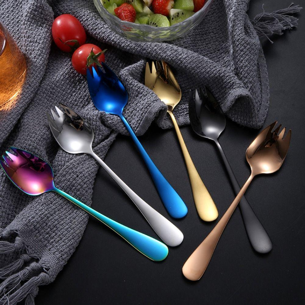 Travel Long Handle Stainless Steel Outdoor Dinnerware Spork Dessert Spoons Salad Forks Flatware
