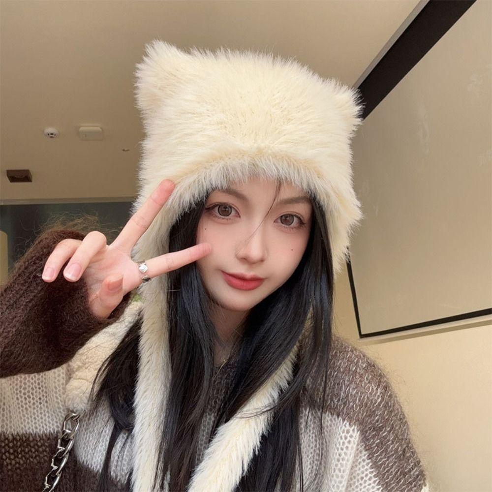 Solid Color Beanies Cap Windproof Women Earmuffs Cap Cute Winter Bear Ears Hat