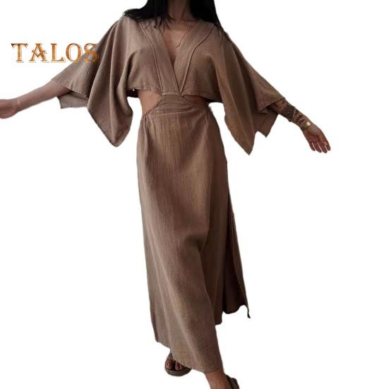 Women's V Neck Maxi Dress Sexy Hollow Out Short Sleeve Bodycon Split Dress Summer Cotton Linen Long Dress for Beach Vacation