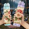 1PC Vintage Rose Floral Pillow 750ml Color Plastic Sports Water Bottle Leakproof Flip Straw Lid Suitable for Sports Office Home Use