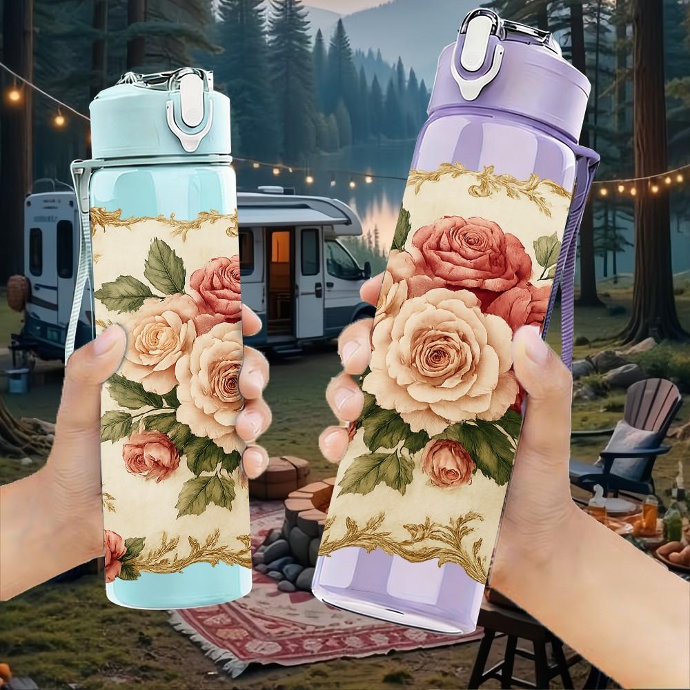 1PC Vintage Rose Floral Pillow 750ml Color Plastic Sports Water Bottle Leakproof Flip Straw Lid Suitable for Sports Office Home Use